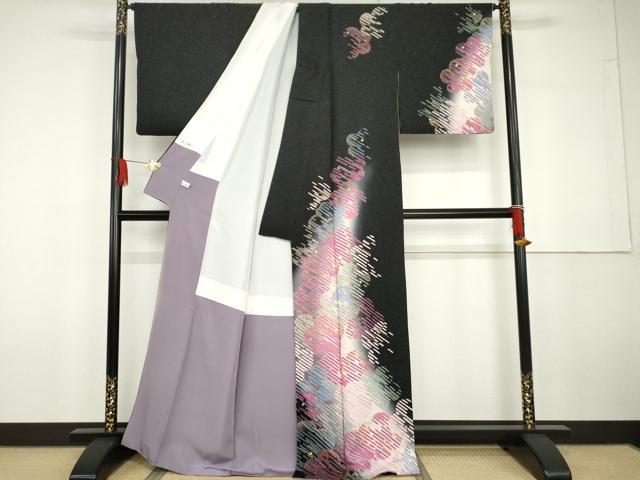 平和屋着物●訪問着　龍絞り　舞花文　暈し染め　黒地　金彩　銀通し地　正絹　逸品　AABG7803cs_1