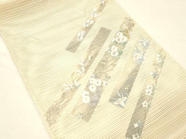 C5 夏物 美品 絽綴 流水に筏 金銀糸 黒 太鼓 正絹 薄物 絽 紗 名古屋帯 平和屋着物＊夏物 絽綴れ 八寸名古屋帯 刺繍 流水籬草花文 金銀糸 正絹