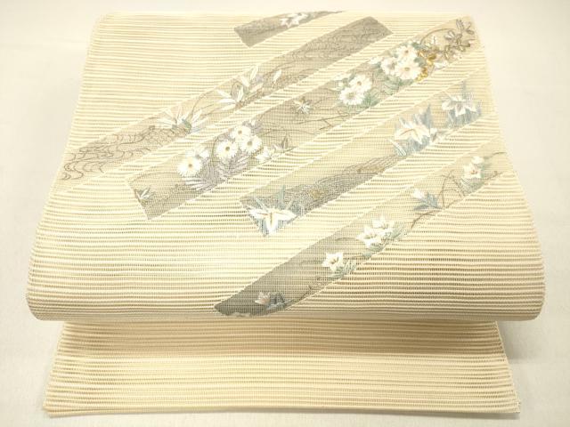 平和屋着物＊夏物 絽綴れ 八寸名古屋帯 刺繍 流水籬草花文 金銀糸 正絹