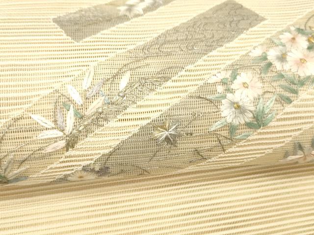 平和屋着物＊夏物 絽綴れ 八寸名古屋帯 刺繍 流水籬草花文 金銀糸 正絹