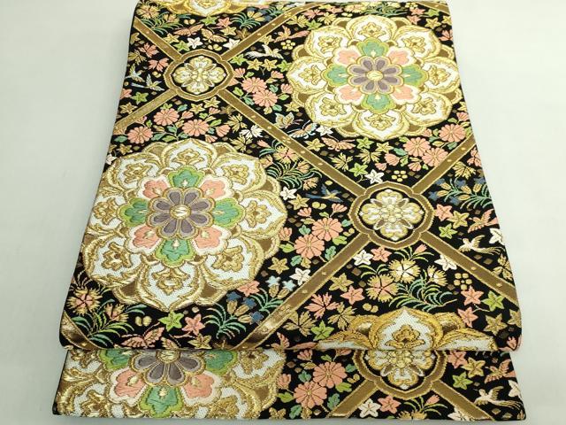 平和屋着物●極上　西陣　河合康幸謹製　六通柄袋帯　唐織　正倉院花鳥文　黒地　金糸　逸品　DZAB5562kh6