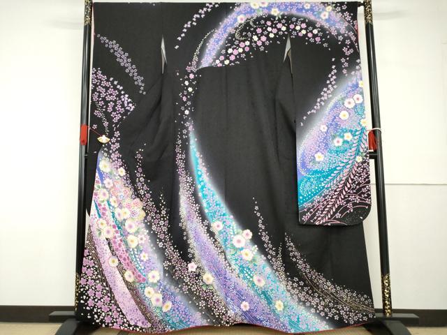 平和屋着物●豪華振袖　辻が花　暈し染め　黒地　金彩　鈴乃屋扱い　正絹　逸品　AABG7894cs