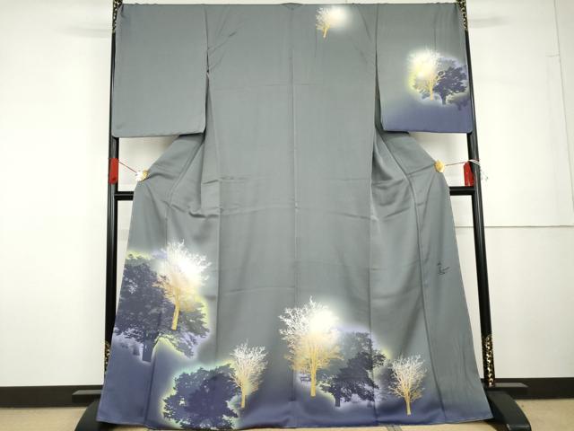 平和屋着物●日展作家　山本唯与志　レリーフ染　訪問着　樹林文　暈し染め　正絹　逸品　未使用　AABG7915cs