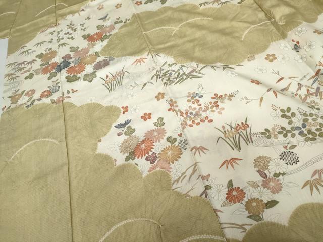 平和屋着物●訪問着　紬地　絞り　流水草花文　正絹　逸品　AABG7908cs_4
