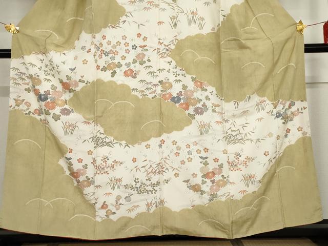 平和屋着物●訪問着　紬地　絞り　流水草花文　正絹　逸品　AABG7908cs_2