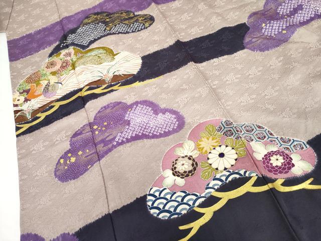平和屋着物●豪華振袖　友禅　絞り　花鳥松文　金彩　正絹　逸品　AABG7922cs 平和屋着物○豪華振袖 友禅 絞り 花鳥松文 金彩 正絹 逸品 AABG7922cs
