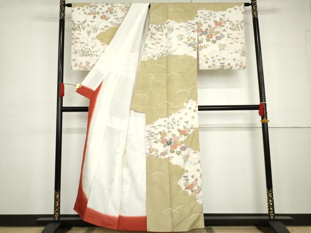 平和屋着物●訪問着　紬地　絞り　流水草花文　正絹　逸品　AABG7908cs_1