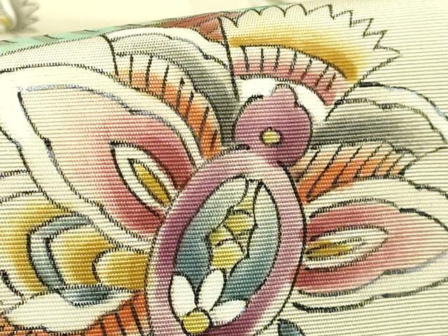 平和屋着物●極上　塩瀬　九寸名古屋帯　作家物　手描き　更紗花鳥文　逸品　DZAB5582kh6_5
