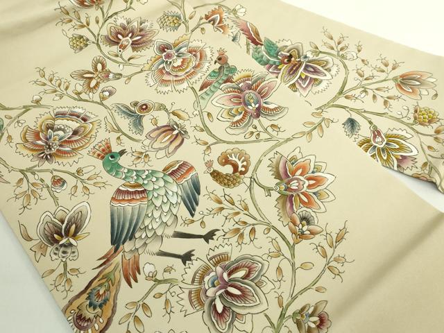 平和屋着物●極上　塩瀬　九寸名古屋帯　作家物　手描き　更紗花鳥文　逸品　DZAB5582kh6_1