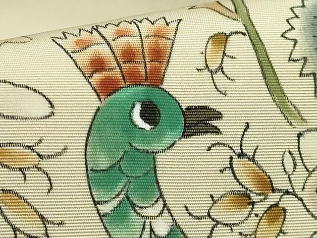 平和屋着物●極上　塩瀬　九寸名古屋帯　作家物　手描き　更紗花鳥文　逸品　DZAB5582kh6_4