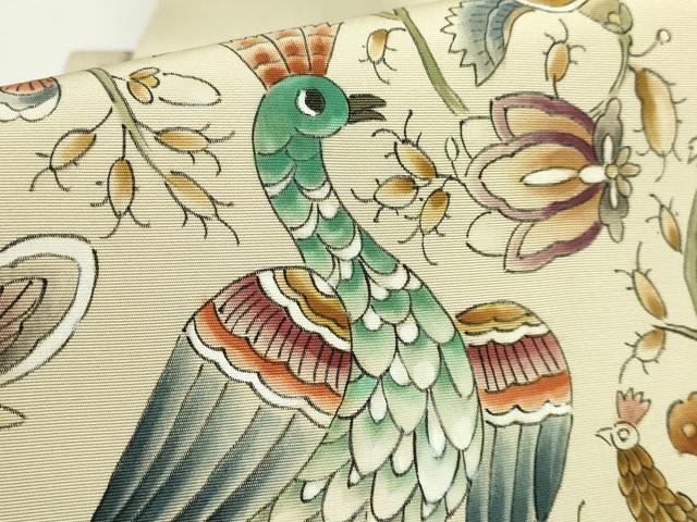 平和屋着物●極上　塩瀬　九寸名古屋帯　作家物　手描き　更紗花鳥文　逸品　DZAB5582kh6_3