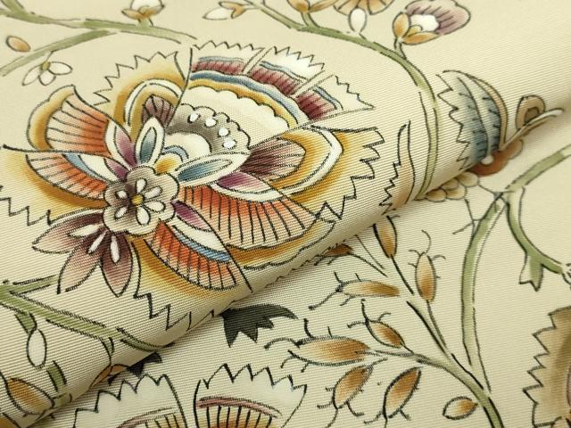 平和屋着物●極上　塩瀬　九寸名古屋帯　作家物　手描き　更紗花鳥文　逸品　DZAB5582kh6_2