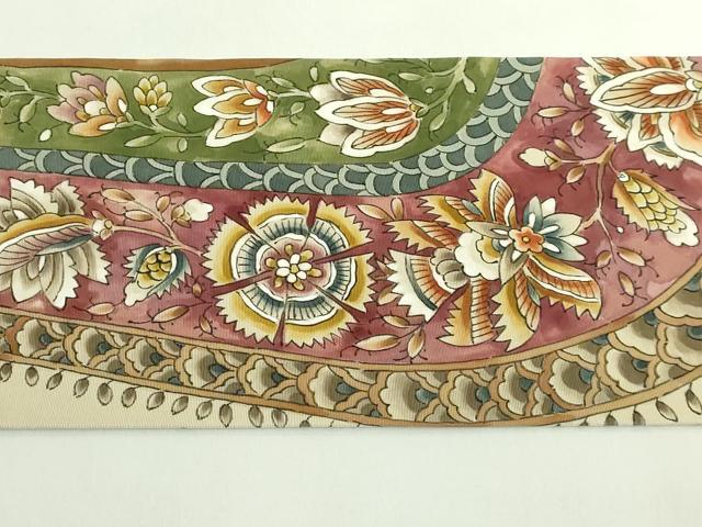 平和屋着物●極上　塩瀬　九寸名古屋帯　作家物　手描き　更紗花鳥文　逸品　DZAB5582kh6_7