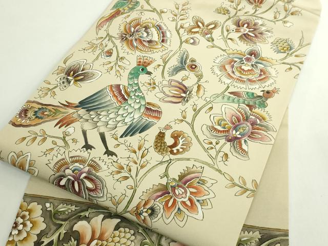 平和屋着物●極上　塩瀬　九寸名古屋帯　作家物　手描き　更紗花鳥文　逸品　DZAB5582kh6_6