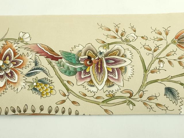 平和屋着物●極上　塩瀬　九寸名古屋帯　作家物　手描き　更紗花鳥文　逸品　DZAB5582kh6_8