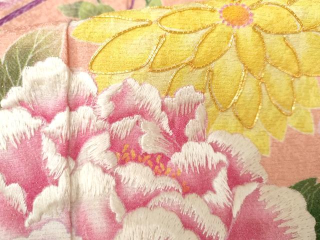 平和屋着物●訪問着　駒刺繍　草花文　金通し地　正絹　逸品　AABG7963cs_6