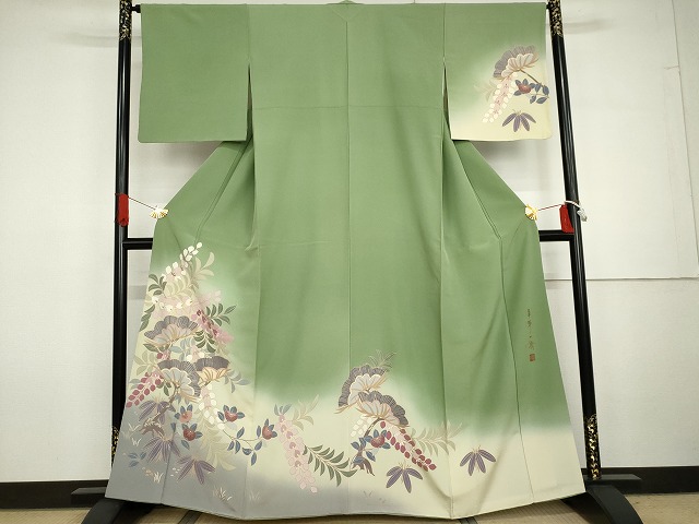 平和屋着物●染色作家　草野一騎　訪問着　笹松文　暈し染め　金彩　正絹　逸品　AABG7936cs