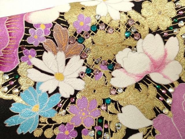 刺繍 暈し染め 平和屋着物○豪華振袖 ラインストーン 金銀 舞花文 逸品