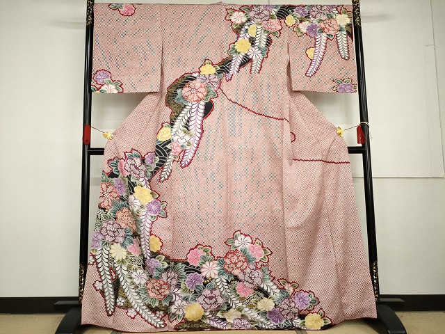 平和屋着物●訪問着　駒刺繍　草花文　金彩　正絹　逸品　AABG7949cs