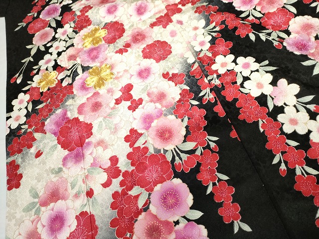 平和屋着物●豪華振袖　駒刺繍　枝垂れ花文　暈し染め　黒地　金彩　正絹　逸品　AABG7960cs_4