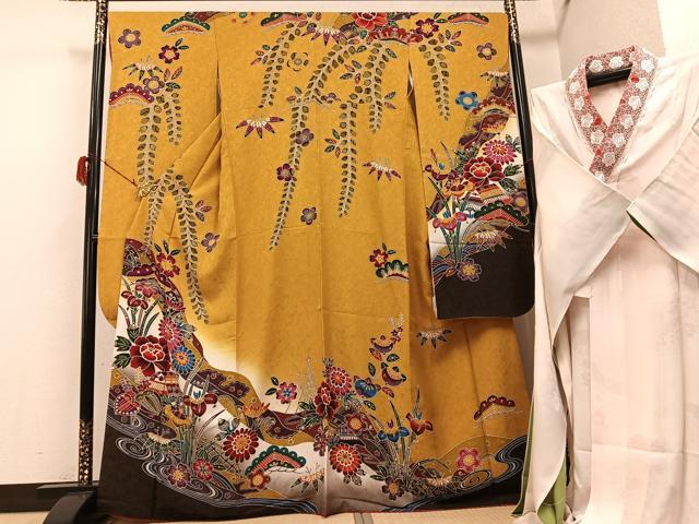 平和屋着物●豪華振袖・長襦袢(無双仕立て)セット　紅型　流水風景草花文　半衿刺繍　正絹　逸品　AABG8525ph 平和屋本店□極上 振袖・長襦袢(無双仕立て・半衿刺繍)・袋帯セット 総