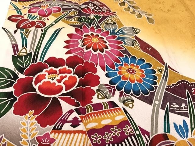平和屋着物○豪華振袖・長襦袢(無双仕立て)セット 紅型 流水風景草花文