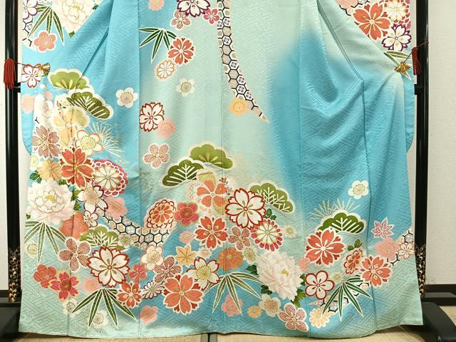 平和屋着物●豪華振袖　駒刺繍　松竹梅　暈し染め　金彩　正絹　逸品　AABH0486fy 平和屋着物○豪華振袖 駒刺繍 松竹梅 暈し染め 金彩 正絹 逸品