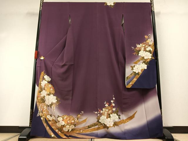 平和屋着物●豪華振袖　駒刺繍　熨斗御所車花文　暈し染め　金彩　正絹　逸品　AABH0666fy