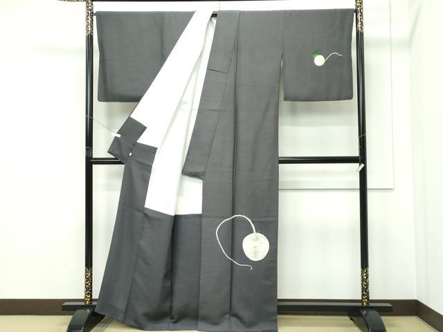 平和屋本店●極上　人間国宝　五代　田畑喜八　訪問着　紬地　蕪　墨色地　逸品　CZAA5504s6_1