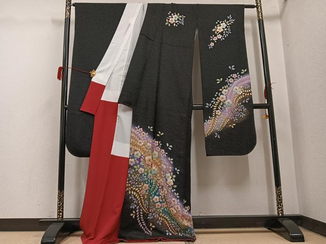 平和屋着物●豪華振袖　辻が花　絞り　暈し染め　黒地　金彩　金通し地　正絹　逸品　AABH3871ph_1