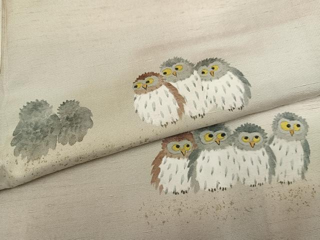 平和屋着物●訪問着　作家物　和歌　紬地　手描き　フクロウ　正絹　逸品　AABH4041ph_4