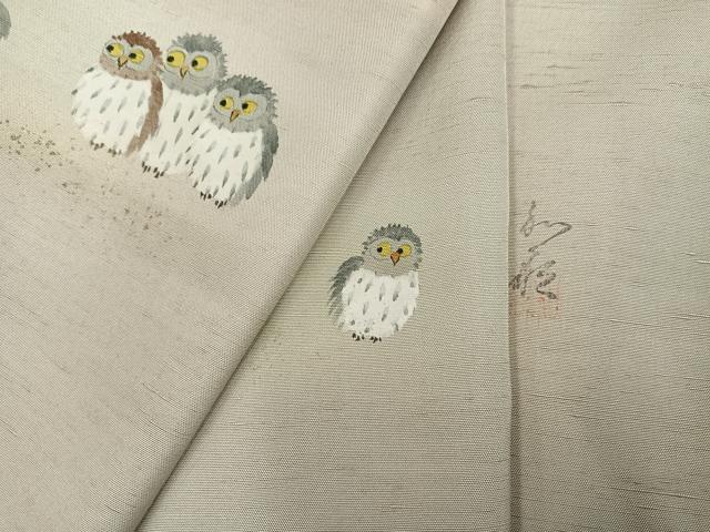 平和屋着物●訪問着　作家物　和歌　紬地　手描き　フクロウ　正絹　逸品　AABH4041ph_7