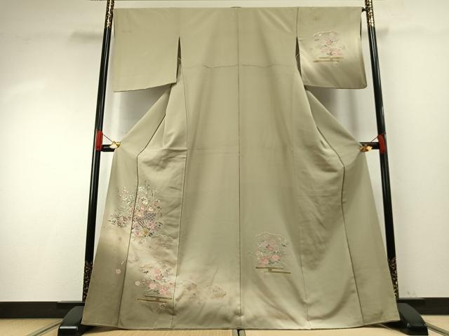平和屋着物●中国三大刺繍　総刺繍　汕頭刺繍　スワトウ刺繍　訪問着　扇面花文　暈し染め　金彩　正絹　逸品　AABH0839fy