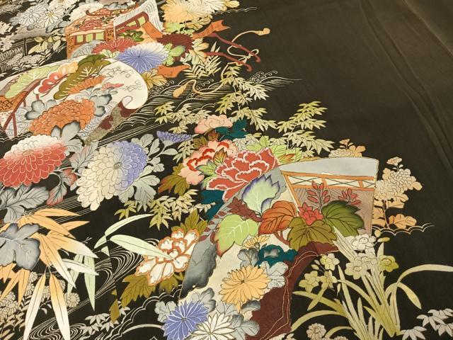 平和屋着物●アンティーク　大正ロマン　黒留袖　刺繍　地紙花文　金糸　金彩　正絹　逸品　AABH4654fy_3