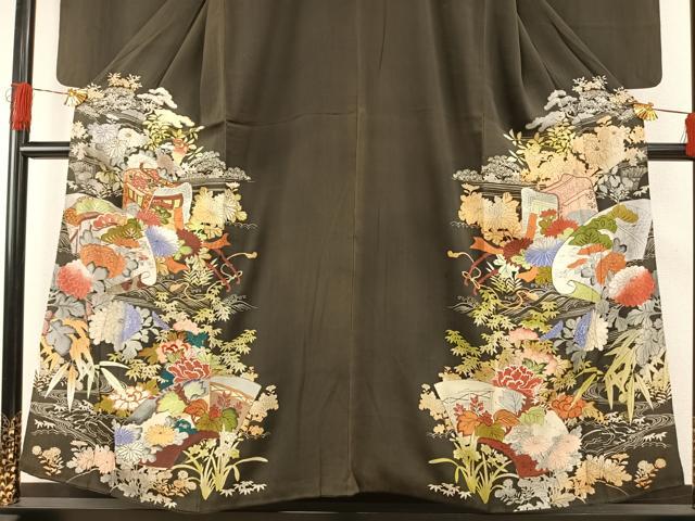 平和屋着物●アンティーク　大正ロマン　黒留袖　刺繍　地紙花文　金糸　金彩　正絹　逸品　AABH4654fy_2