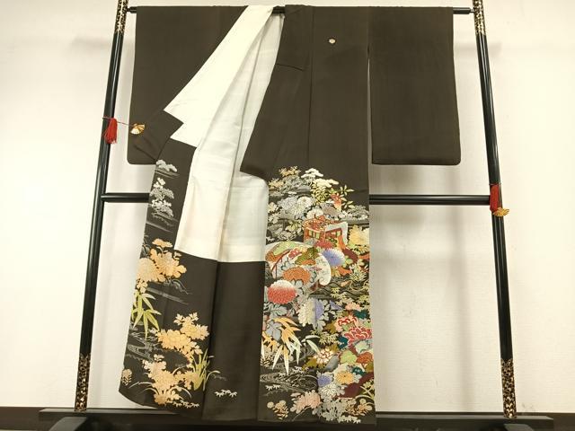 平和屋着物●アンティーク　大正ロマン　黒留袖　刺繍　地紙花文　金糸　金彩　正絹　逸品　AABH4654fy_1
