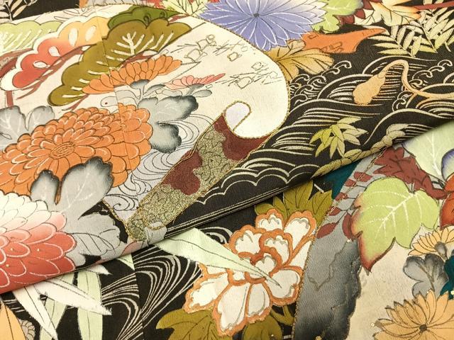 平和屋着物●アンティーク　大正ロマン　黒留袖　刺繍　地紙花文　金糸　金彩　正絹　逸品　AABH4654fy_4