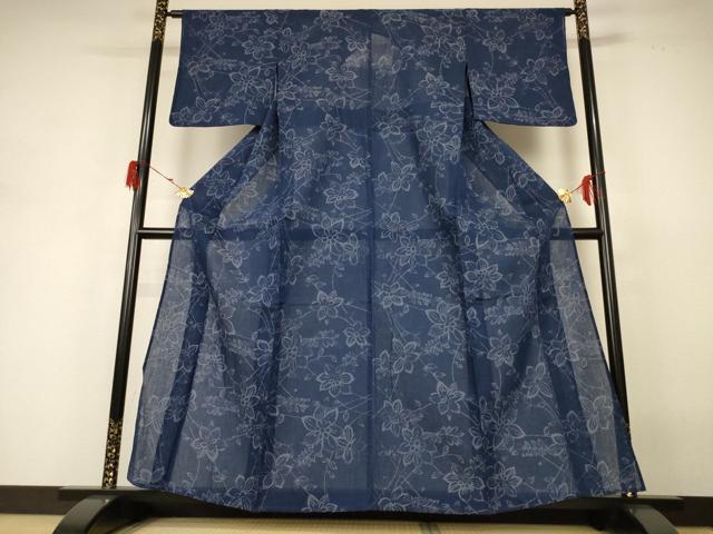 平和屋着物＊夏物　小紋　ちぢみ織　草花文　AABH3986jd_1