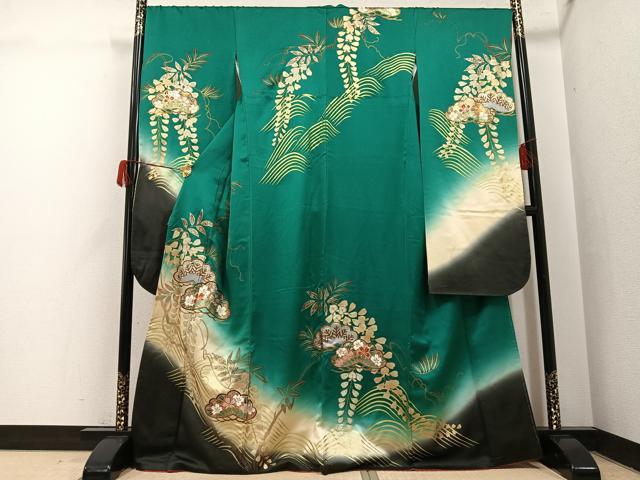 平和屋着物●豪華振袖　草花文　暈し染め　金銀彩　金通し地　正絹　逸品　AABH5370ph
