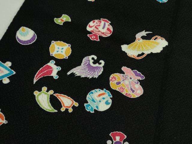 平和屋本店●極上　小紋　宝尽くし　黒地　鬼しぼ縮緬　逸品　DZAA7054kh6_5