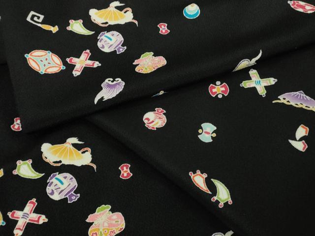 平和屋本店●極上　小紋　宝尽くし　黒地　鬼しぼ縮緬　逸品　DZAA7054kh6_8