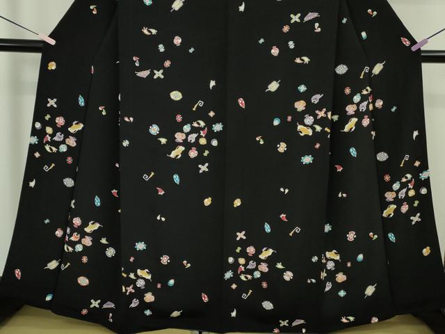 平和屋本店●極上　小紋　宝尽くし　黒地　鬼しぼ縮緬　逸品　DZAA7054kh6_3