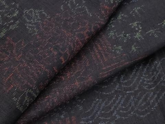 平和屋着物▽結城ちぢみ　単衣　流水草花文　正絹　逸品　AABH7454st