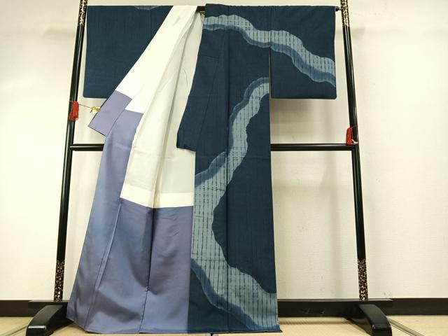 平和屋着物●訪問着　本場大島紬　藍　絞り　道長文　証紙付き　正絹　逸品　AABH5167fy_1