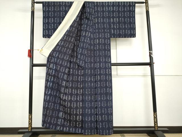 平和屋着物▽浦野理一　型染　紬　単衣　抱き茗荷　大丸扱い　たとう紙付き　正絹　逸品　AABI0071cs 平和屋着物▽浦野理一 型染 紬 単衣 抱き茗荷 大丸扱い