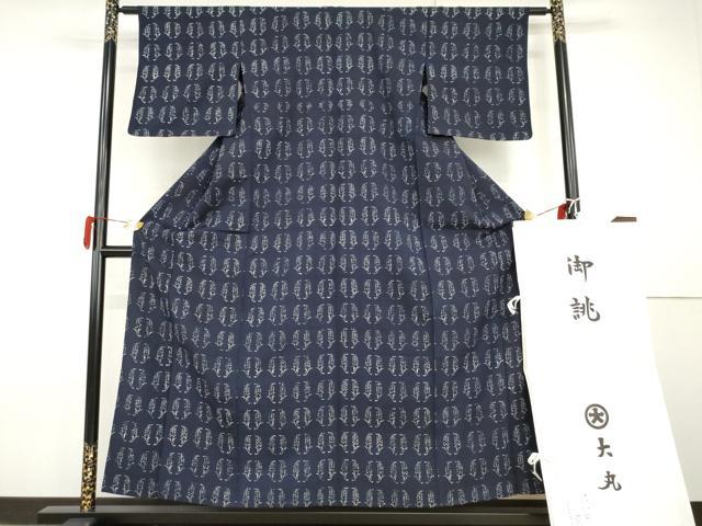 平和屋着物▽浦野理一　型染　紬　単衣　抱き茗荷　大丸扱い　たとう紙付き　正絹　逸品　AABI0071cs 平和屋着物▽浦野理一 型染 紬 単衣 抱き茗荷 大丸扱い