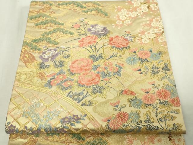 平和屋本店▼西陣　泰正織物謹製　太鼓柄袋帯　唐織　作家物　扇面冊子花鳥文　本金箔　正絹　逸品　DABE9299sf