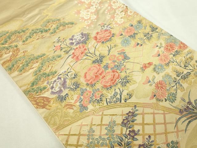 平和屋本店▼西陣　泰正織物謹製　太鼓柄袋帯　唐織　作家物　扇面冊子花鳥文　本金箔　正絹　逸品　DABE9299sf_1