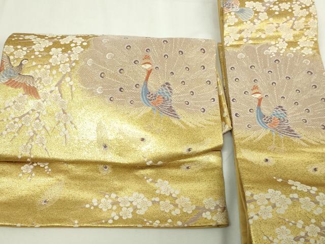 平和屋本店▼つけ帯　孔雀枝梅文　純金箔　九百錦　本金弐重箔　正絹　逸品　DABE9305sf