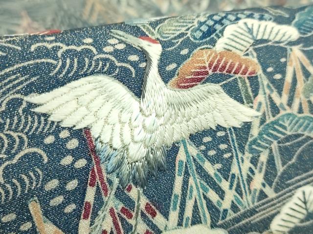 平和屋本店○極上 太鼓柄袋帯 作家物 刺繍 群鶴風景文 金